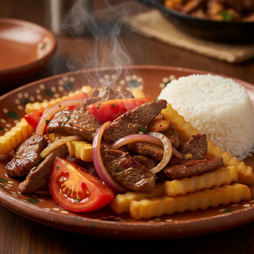 Lomo saltado con papas fritas, tomate y cebolla al wok
